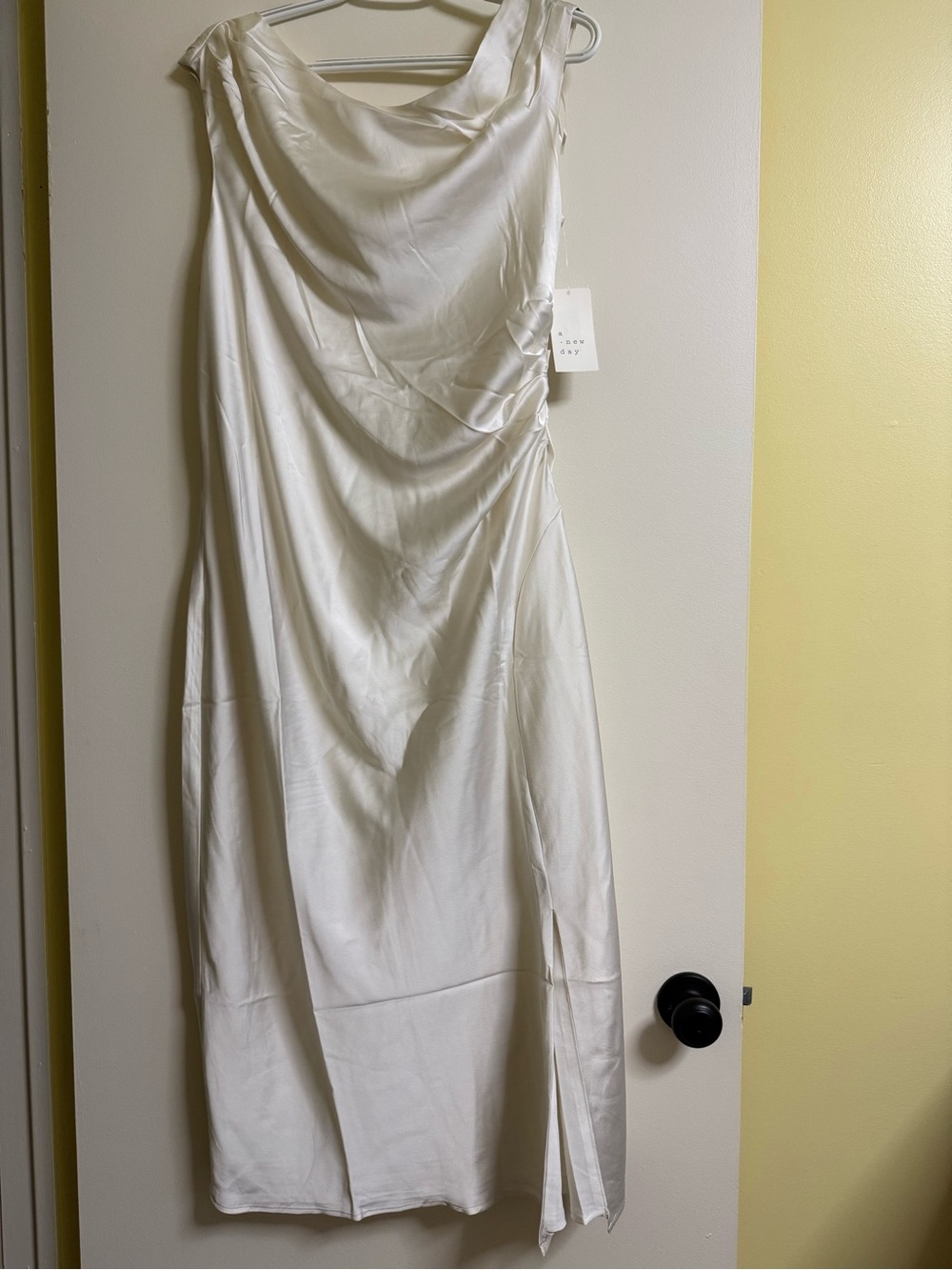 Elegant Cream Satin Draped Midi Dress